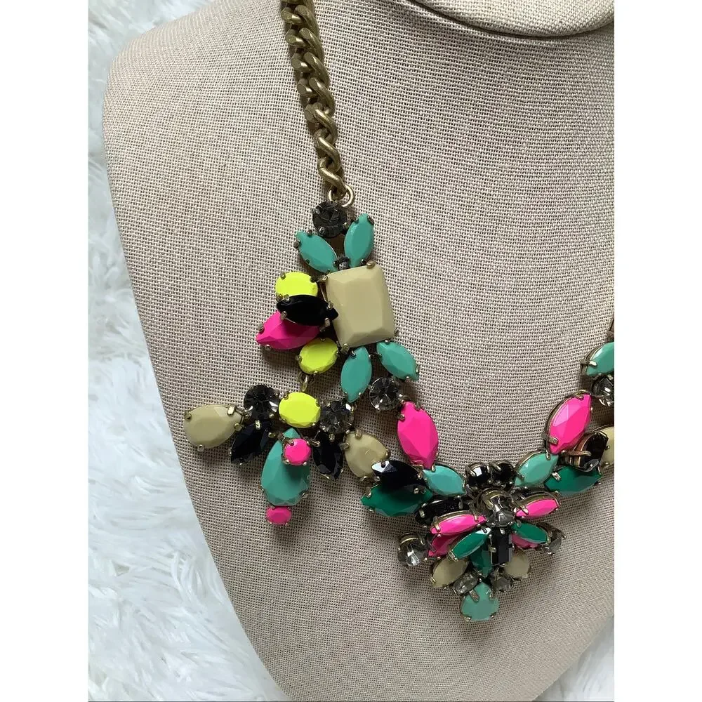J.Crew Gold Tone Mixed Crystal Statement Bib Necklace Vintage Whimsigoth F15-23